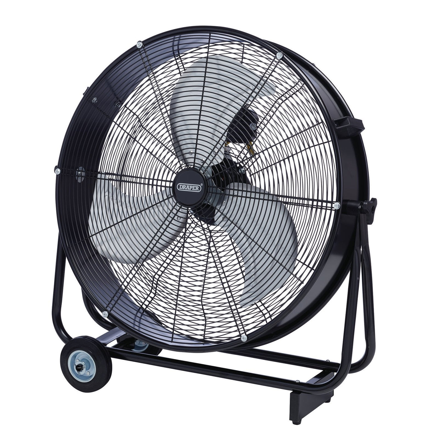 The Draper 110V Drum Fan, measuring 24"/610mm and powered by a 125W motor, features a large black metal frame with four silver blades and attached wheels for easy portability. This high-velocity fan is ideal for industrial use.