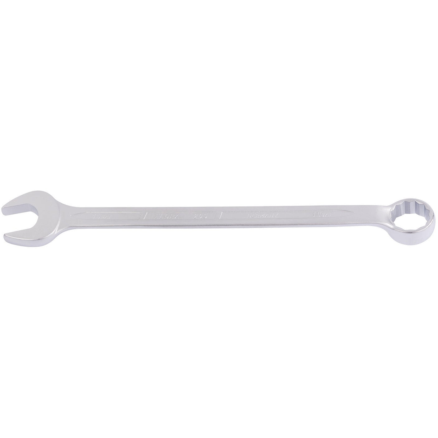 The Draper Elora Long Imperial Combination Spanner, 1.1/8" - 205A-1.1/8, is a robust tool made from chrome vanadium steel, featuring an open-end and a Bi-hexagon ring box-end for efficient tightening or loosening of nuts and bolts.