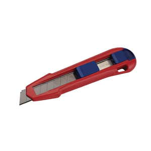 The Draper Knipex 90 10 165 Bk Cutix® Universal Knife features a red handle, retractable 18mm snap-off blades, blue sliders for adjusting the blade position, and a metal insert for stability.