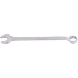 The Draper Elora Long Imperial Combination Spanner, 1.1/4" - 205A-1.1/4 by Draper features an open-end on one side and a bi-hexagon ring on the other, crafted from durable chrome vanadium steel, and compliant with DIN 3113 standards. This silver wrench is ideal for tightening or loosening nuts and bolts.