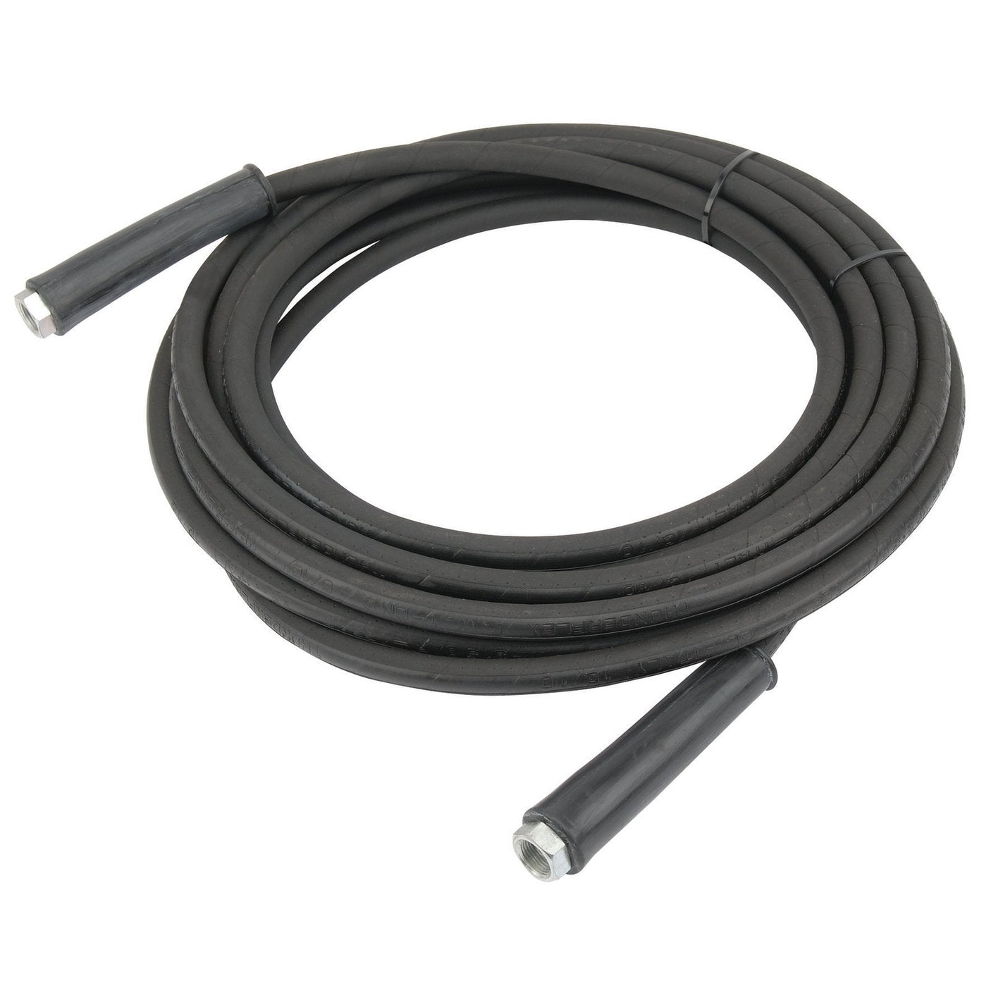 A Draper 10M High Pressure Hose for the Petrol Pressure Washer PPW900 - APPW11, featuring metal connectors on both ends and a durable black rubber coil, is ideal for use with the Draper Petrol Pressure Washer.