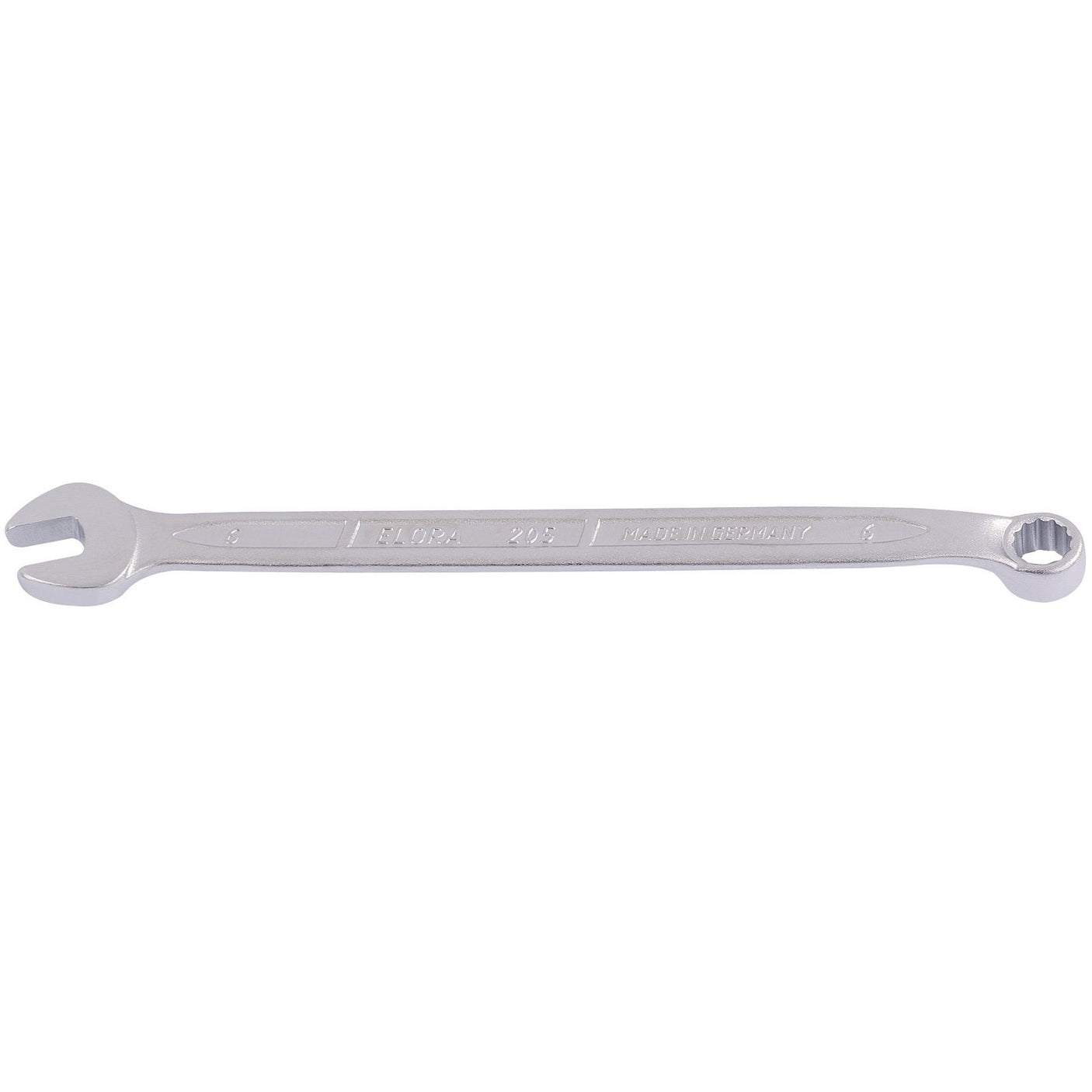 The Draper Elora Long Combination Spanner, 6mm - 205-6, manufactured by Draper, is a silver wrench made from chrome vanadium steel. It features an open-end and a bi-hexagon ring box-end, making it ideal for tightening or loosening fasteners. This spanner conforms to DIN 3113 standards.