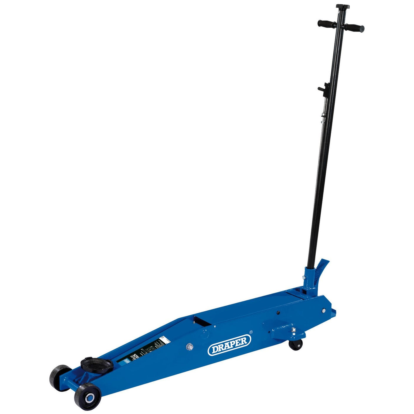 The Draper Long Chassis Trolley Jack, 3 Tonne - TJ3LR features a blue color, a long black handle, swiveling wheels, and a quick-lift foot pedal.