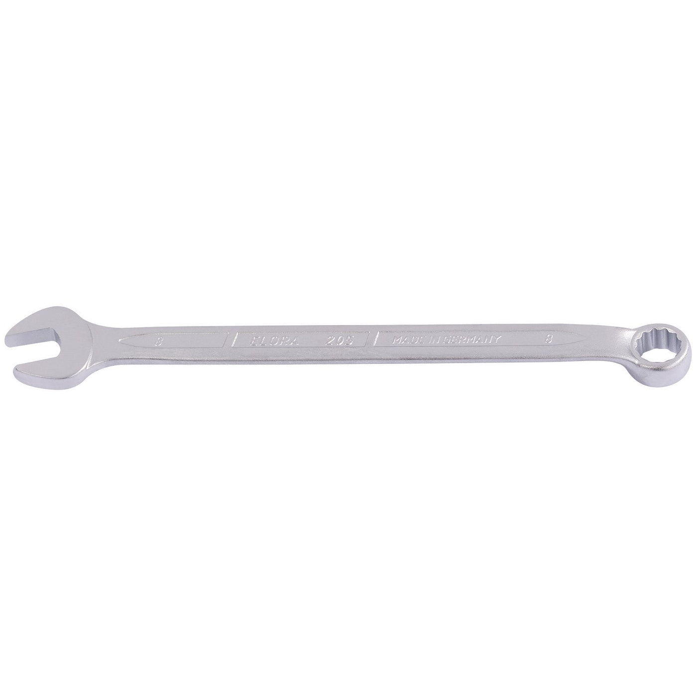 The Draper Elora Long Combination Spanner, 8mm - 205-8 by Draper is a silver-colored tool made of durable chrome vanadium steel. It features an open-end on one side and a box-end on the other, meeting DIN 3113 standards. The handle is engraved with text, and it provides exceptional protection against corrosion.