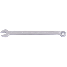 The Draper Elora Long Combination Spanner, 8mm - 205-8 by Draper is a silver-colored tool made of durable chrome vanadium steel. It features an open-end on one side and a box-end on the other, meeting DIN 3113 standards. The handle is engraved with text, and it provides exceptional protection against corrosion.