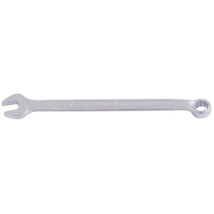 The Draper Elora Long Combination Spanner, 8mm - 205-8 by Draper is a silver-colored tool made of durable chrome vanadium steel. It features an open-end on one side and a box-end on the other, meeting DIN 3113 standards. The handle is engraved with text, and it provides exceptional protection against corrosion.