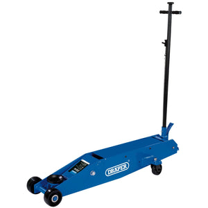 The Draper Long Chassis Trolley Jack, 10 Tonne - TJ10LR from Draper comes in blue and features a heavy-duty chassis with a long black handle and four wheels. Designed for lifting vehicles, it includes a quick-lift foot pedal and a safety valve to ensure maximum efficiency and safety.