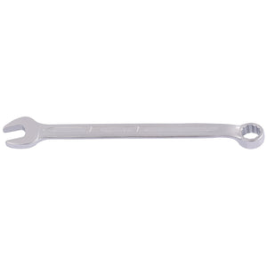 The Draper Elora Long Combination Spanner, 9mm - 205-9, is a double-ended tool made from chrome vanadium steel, featuring an open-ended wrench on one side and a box-ended wrench on the other, built to meet DIN 3113 specifications.