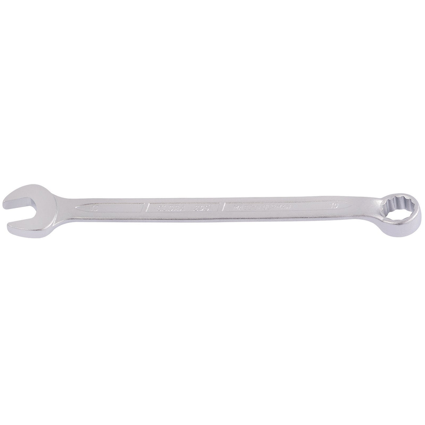 Draper Elora Long Combination Spanner, 10mm - 205-10 featuring an open-end on one side and a bi-hexagon ring box-end on the other, crafted from durable chrome vanadium steel, isolated on a white background.