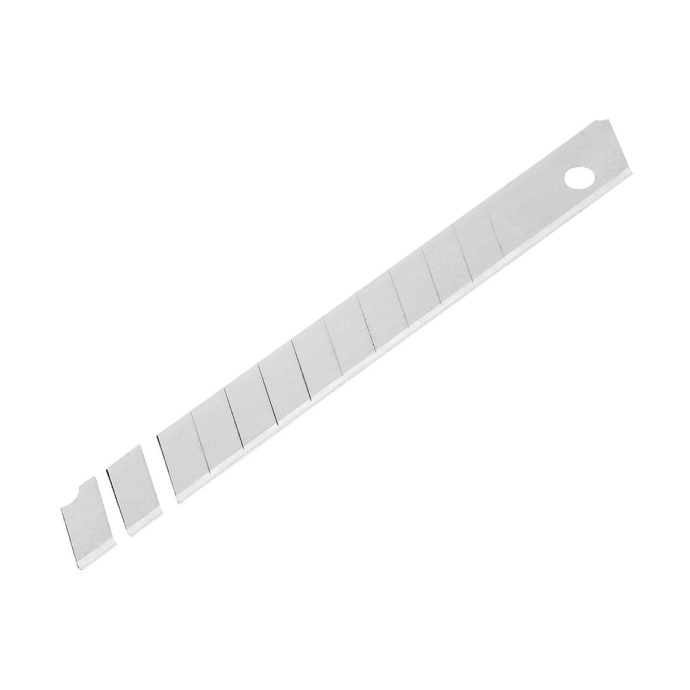 A row of Draper Snap-Off Segment Knife Blades, 9mm (Pack Of 10) - SB10-9, made from high carbon steel, with two segments detached, lies against a white background. These blades fit perfectly in a shatter-resistant plastic case for easy storage and safety.