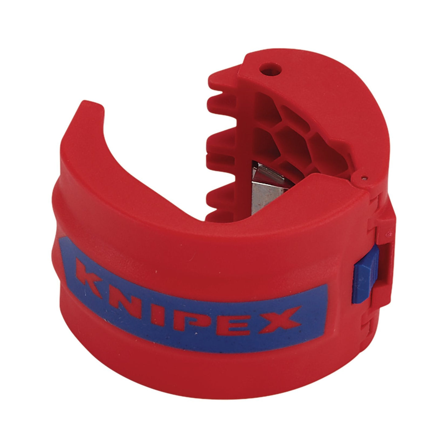 The Draper Knipex 90 22 10 BK Bix® Cutters for Plastic Pipes and Sealing Sleeves, featuring a blue label, are expertly designed for cutting plastic pipes and sealing sleeves.