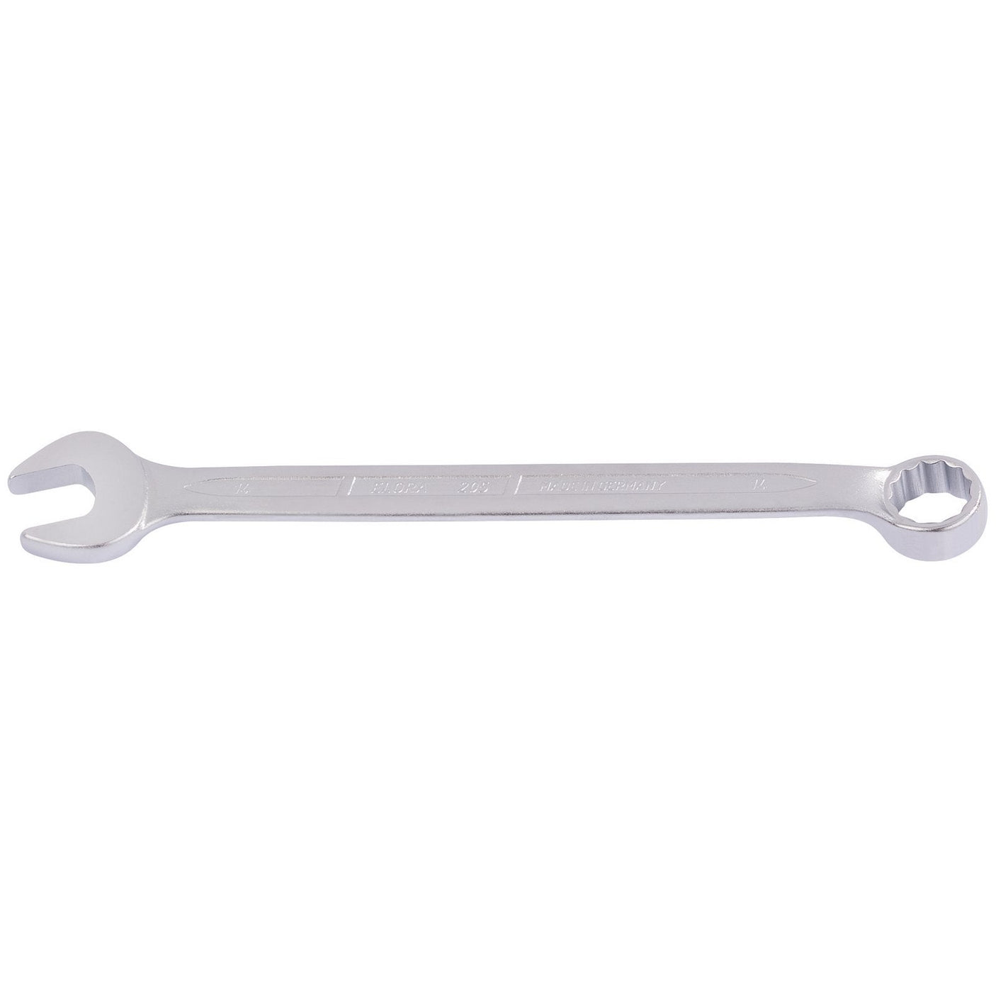 The Draper Elora Long Combination Spanner, 14mm - 205-14, by Draper is crafted from durable chrome vanadium steel. This silver wrench features an open-end on one side and a boxed-end on the other, lying horizontally against a white background. Designed to meet DIN 3113 standards, it also offers excellent corrosion protection.