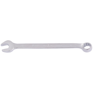 The Draper Elora Long Combination Spanner, 14mm - 205-14, by Draper is crafted from durable chrome vanadium steel. This silver wrench features an open-end on one side and a boxed-end on the other, lying horizontally against a white background. Designed to meet DIN 3113 standards, it also offers excellent corrosion protection.