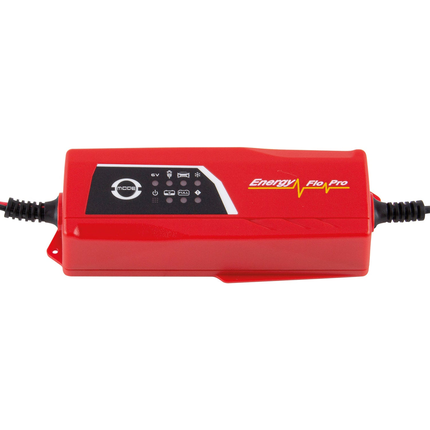 The SIP - Chargestar 2DV Smart Battery Charger - SIP-03551 features a stylish red design with a black control panel that displays various charging indicators and modes. The panel includes icons for 6V/12V settings and buttons for different functions. With its automatic selection feature, this battery charger ensures optimal performance for all your charging needs.