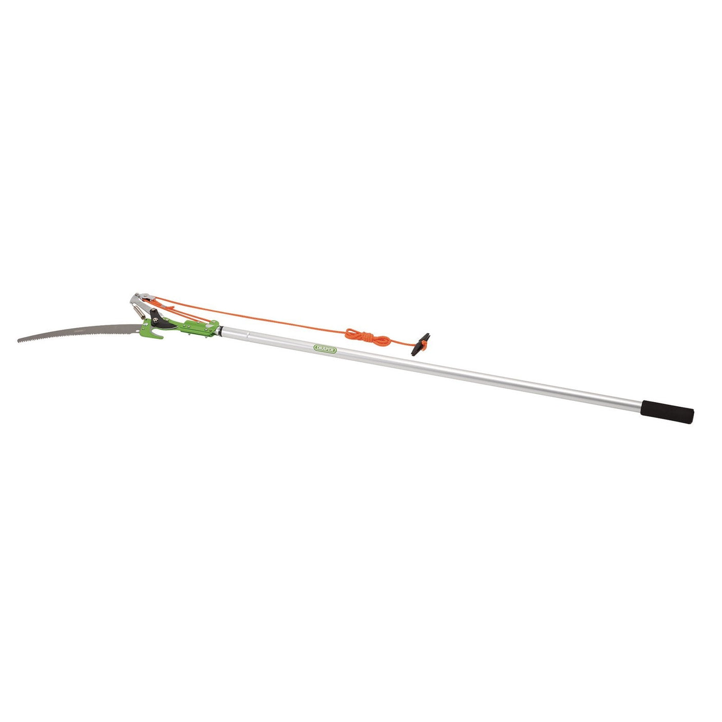 The Draper Telescopic Handle Tree Pruner, 355mm - GS2105 features a long, green handle with an orange cord attached to a high carbon steel curved blade.