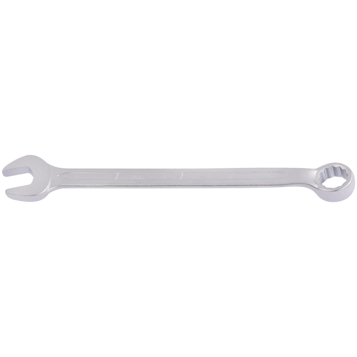 The Draper Elora Long Combination Spanner, 15mm - 205-15, by Draper, crafted from chrome vanadium steel, features an open-end on one side and a bi-hexagon ring on the opposite side, lying flat on a white background.