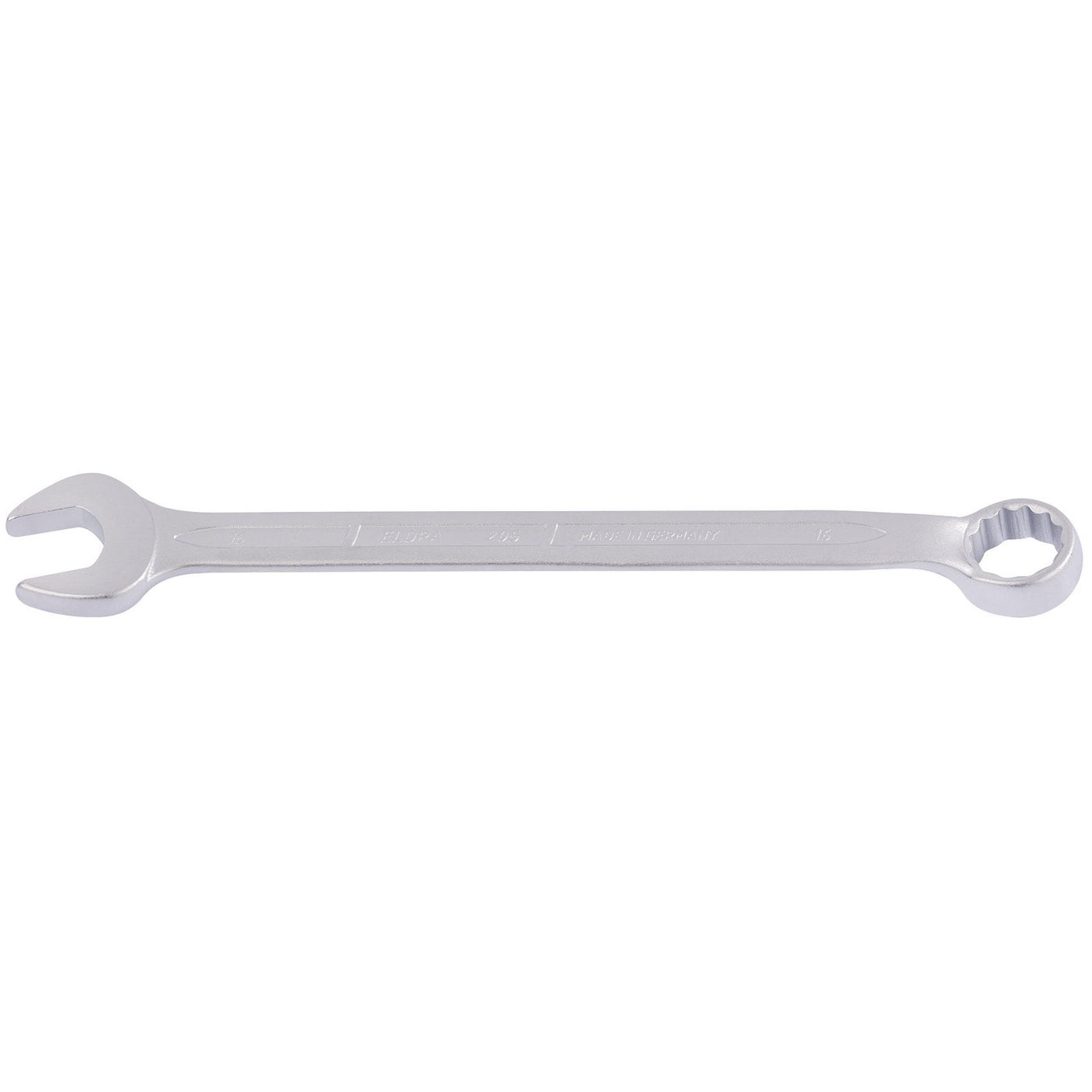 The Draper Elora Long Combination Spanner, 16mm - 205-16 by Draper is a silver wrench made from chrome vanadium steel, featuring an open-end on one side and a Bi-hexagon ring-end on the other, designed for tightening or loosening nuts and bolts with enhanced corrosion protection.