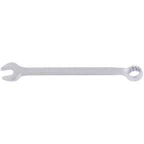The Draper Elora Long Combination Spanner, 16mm - 205-16 by Draper is a silver wrench made from chrome vanadium steel, featuring an open-end on one side and a Bi-hexagon ring-end on the other, designed for tightening or loosening nuts and bolts with enhanced corrosion protection.