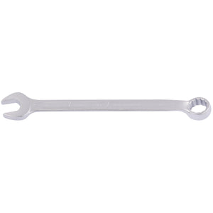 The Draper Elora Long Combination Spanner, 16mm - 205-16 by Draper is a silver wrench made from chrome vanadium steel, featuring an open-end on one side and a Bi-hexagon ring-end on the other, designed for tightening or loosening nuts and bolts with enhanced corrosion protection.