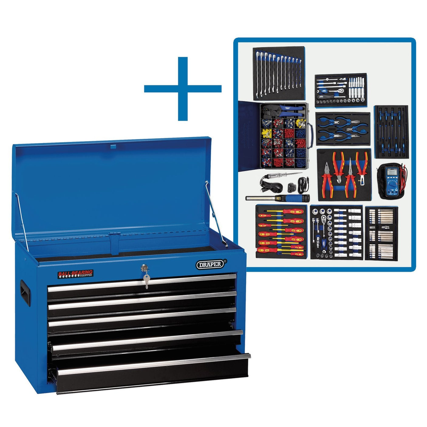 Image of the Draper Automotive Electricians Tool Kit - DTKBLUEEK with an open lid and three drawers, accompanied by a plus sign and an array of tools including pliers, wrenches, screwdrivers, and a multimeter—a comprehensive kit perfect for automotive electricians.