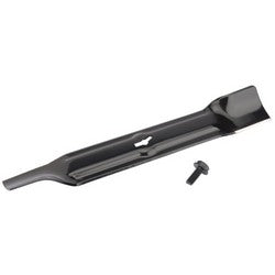 A Draper Spare Blade For Rotary Lawn Mower 03469 - AGPM30, black in color, with a bolt positioned beside it on a white background.