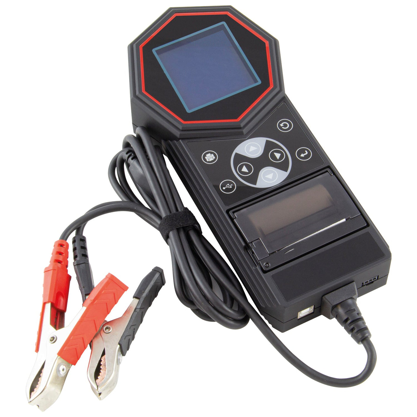 The SIP - T11 12v/24v Battery Tester & System Analyzer (Model: SIP-03568) by SIP is a handheld device equipped with an LCD screen, multiple buttons, a built-in printer, and attached red and black alligator clips designed specifically to test 12v/24v lead acid batteries.