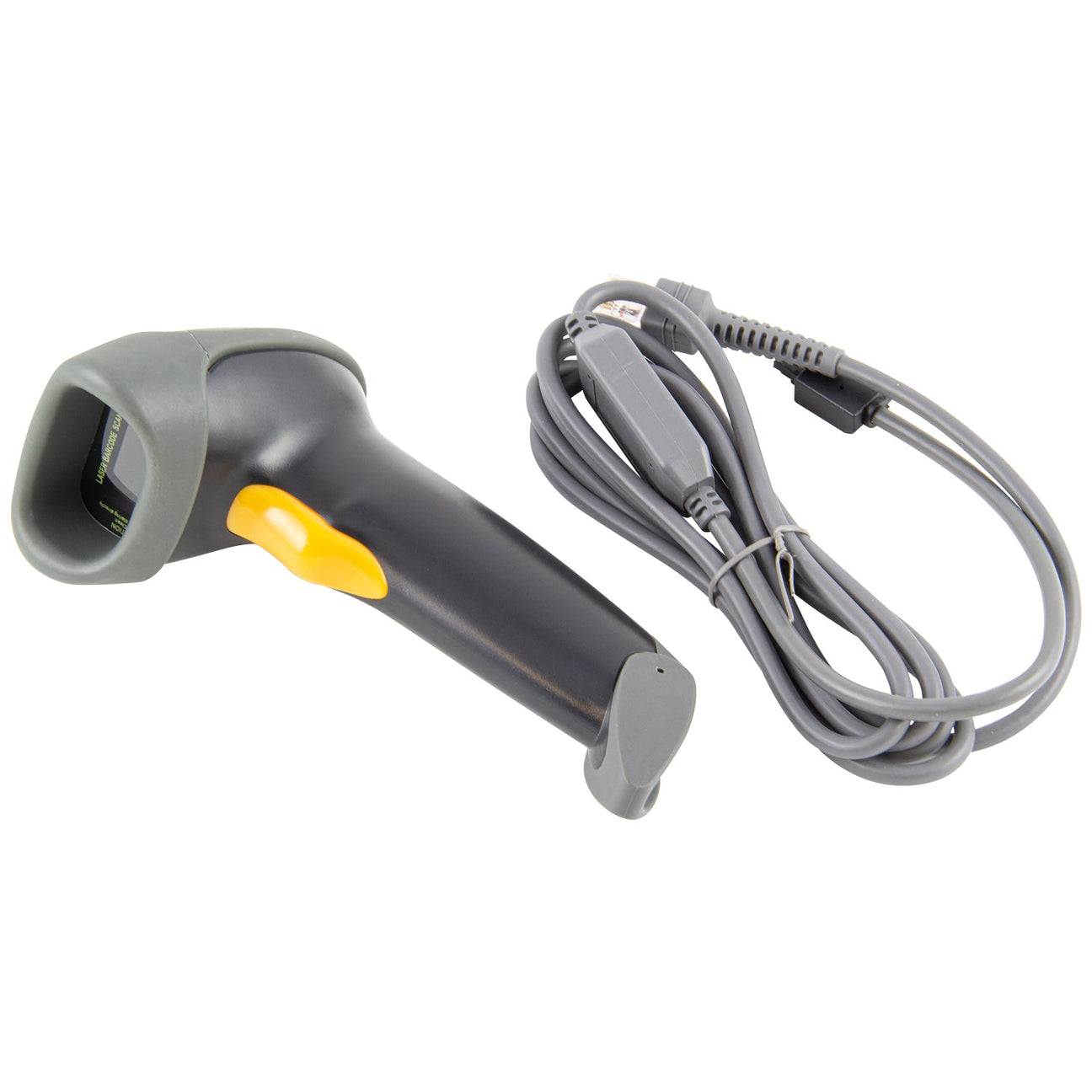 The SIP - T11 Barcode Scanner (model SIP-03570) by SIP boasts a gray and yellow design, complemented by a long gray cable to enhance usability, guaranteeing efficient and dependable barcode scanning.