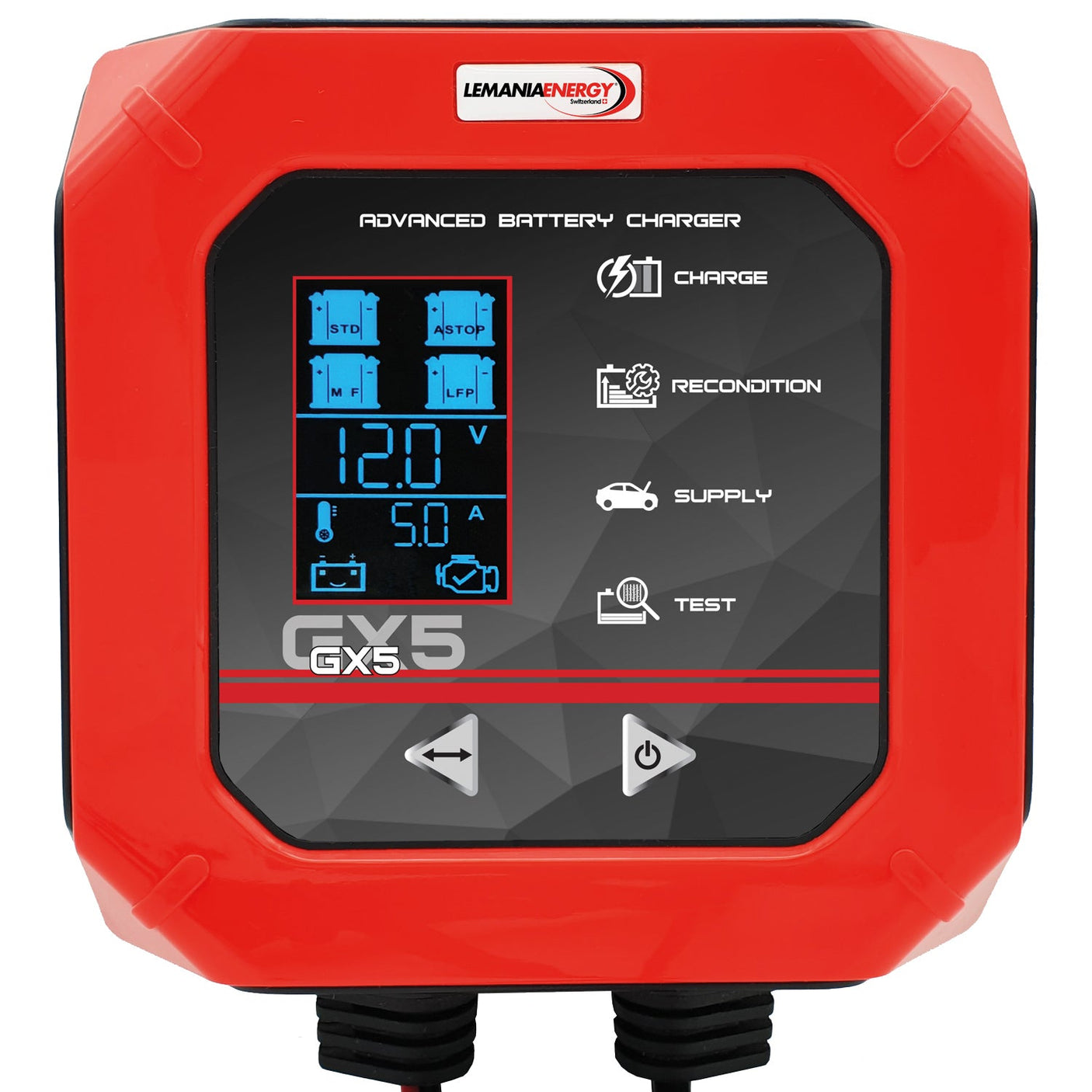 A red SIP Advanced Battery Charger GX5 (model SIP-03572) with a digital display showing 12.0V and 5.0A, featuring microprocessor-controlled charging and CAN-bus compatibility, as well as options for charge, recondition, supply, and test modes.