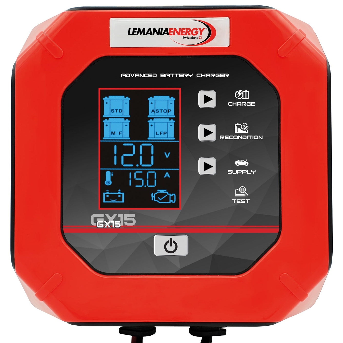 Close-up view of a red SIP - Advanced Battery Charger GX15 (model SIP-03574) displaying voltage and current readings, featuring various function buttons on its interface for multi-step microprocessor-controlled charging.