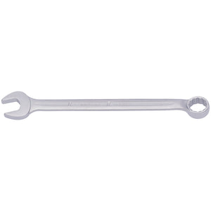 The Draper Elora Long Combination Spanner, 17mm - 205-17 from Draper is a professional-quality silver wrench made of chrome vanadium steel. It features an open-end on one side and a box-end on the other, ideal for tightening or loosening nuts and bolts. This durable tool offers exceptional corrosion protection.