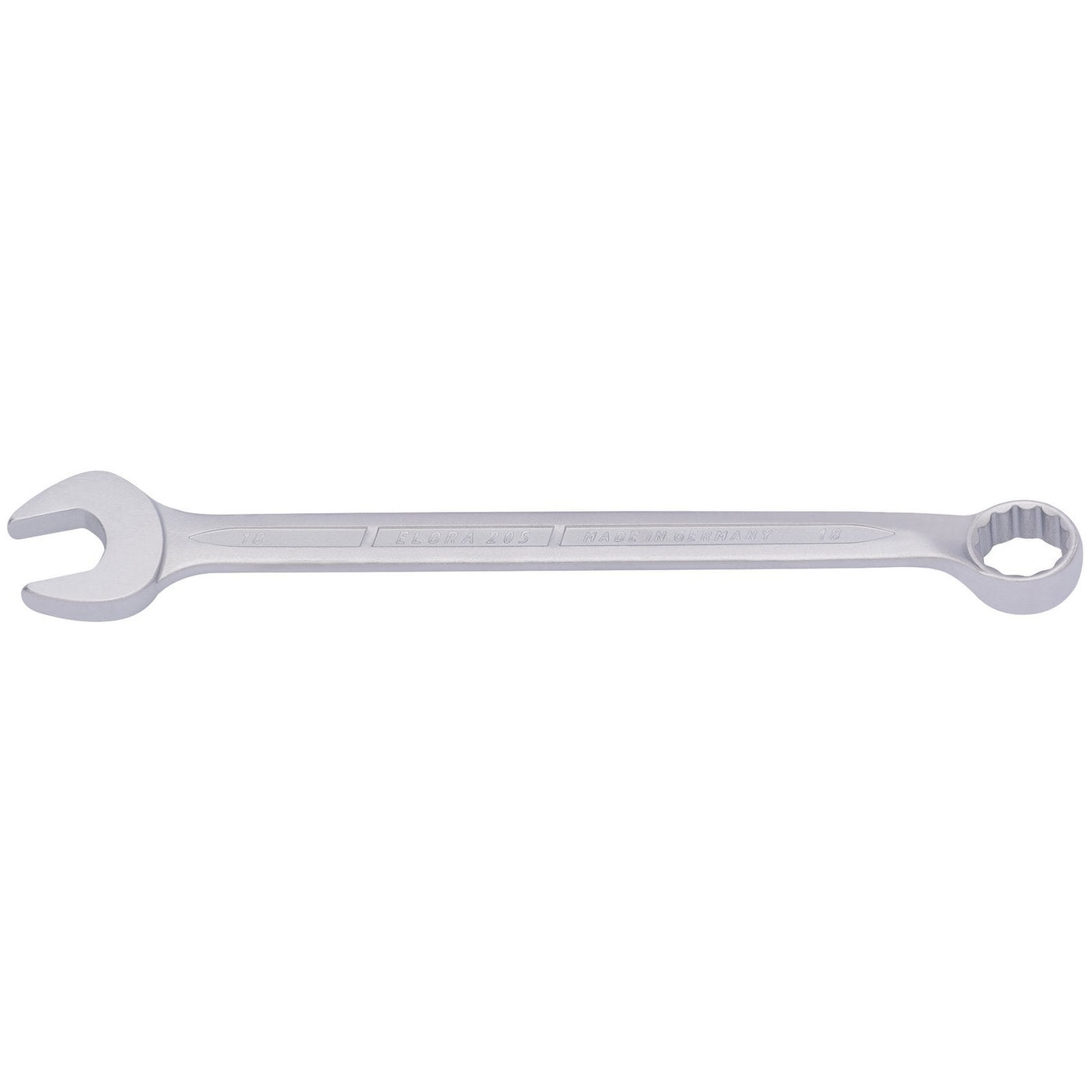 The Draper Elora Long Combination Spanner, 18mm - 205-18 is a silver wrench made from chrome vanadium steel, featuring both an open-end and a bi-hexagon ring box-end for superior grip.