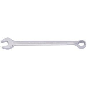 The Draper Elora Long Combination Spanner, 18mm - 205-18 is a silver wrench made from chrome vanadium steel, featuring both an open-end and a bi-hexagon ring box-end for superior grip.