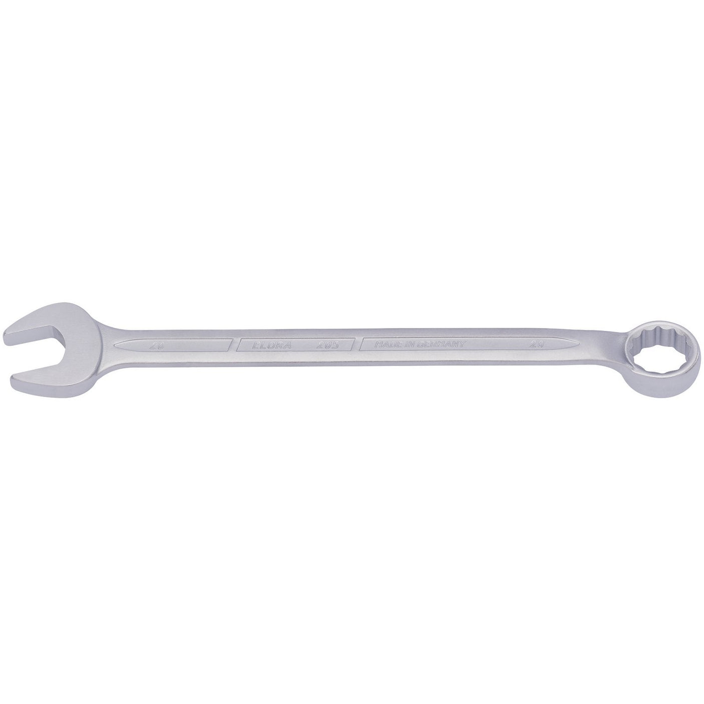 The Draper Elora Long Combination Spanner, 20mm - 205-20, features an open-end on one side and a box-end on the other. It is crafted from chrome vanadium steel for enhanced durability and is designed for loosening or tightening nuts and bolts.