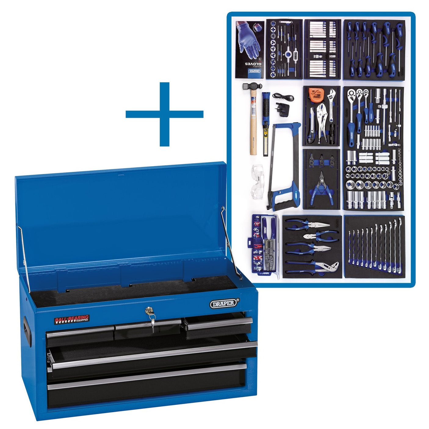 Image of the Draper Workshop Engineers Tool Kit - DTKBLUEWEK with an open top and various tools. A separate inset image shows an organized arrangement of tools, including wrenches, pliers, and screwdrivers, on an EVA insert. Ideal for workshop engineers looking to keep a comprehensive kit neatly stored.