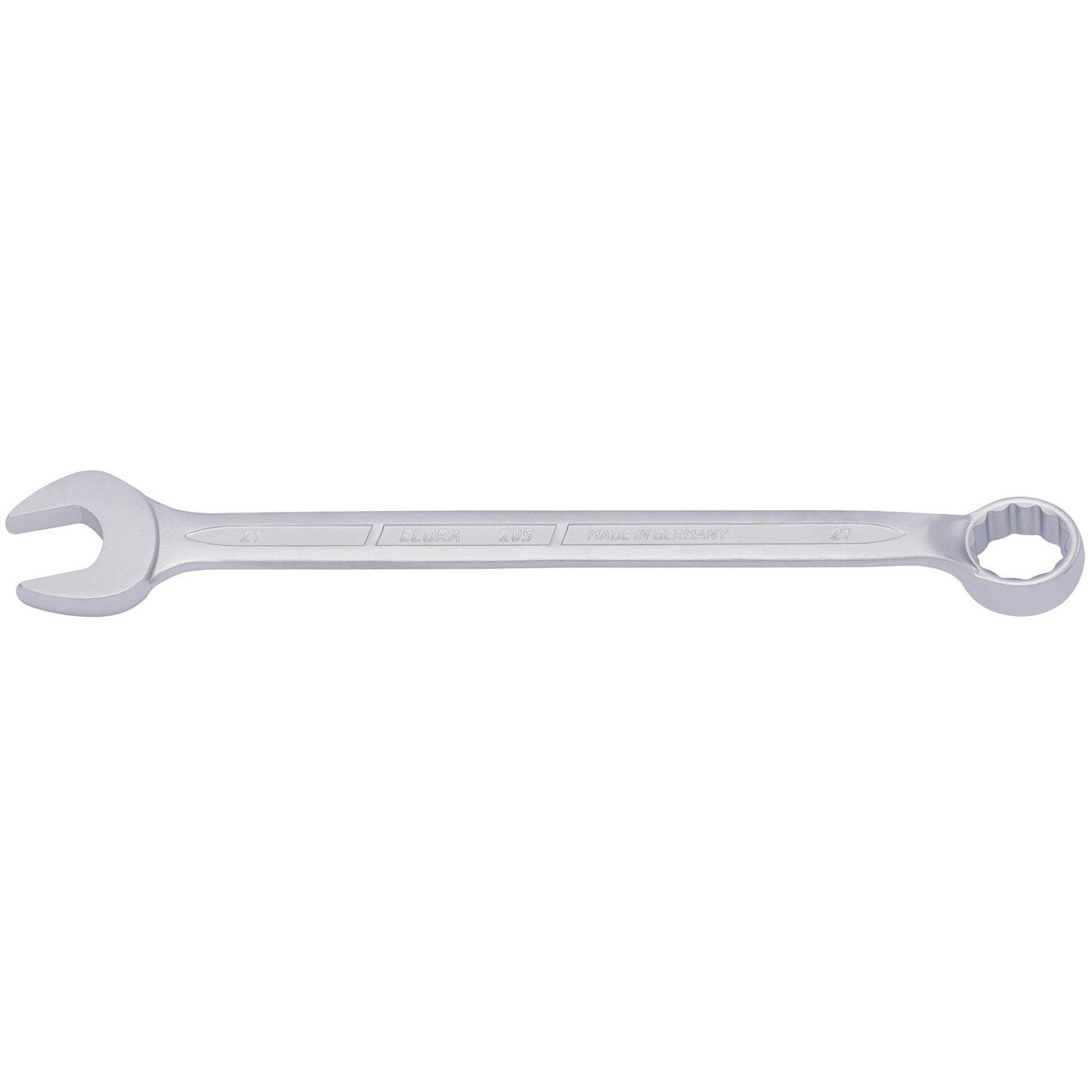 The Draper Elora Long Combination Spanner, 21mm - 205-21, is a silver wrench made of chrome vanadium steel, featuring an open-end on one side and a bi-hexagon ring on the other. It is designed for tightening or loosening bolts and nuts with added corrosion protection.