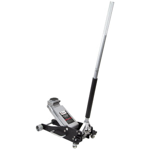 The SIP - 25 TON Aluminium Low-Profile Trolley Jack - SIP-03623 by SIP is designed for effortless vehicle lifting. This low-profile trolley jack features a long handle and is crafted from heavy-duty steel with a durable silver body, black base, and wheels for easy mobility. Its quick-lift system ensures swift elevation and stability while you work.