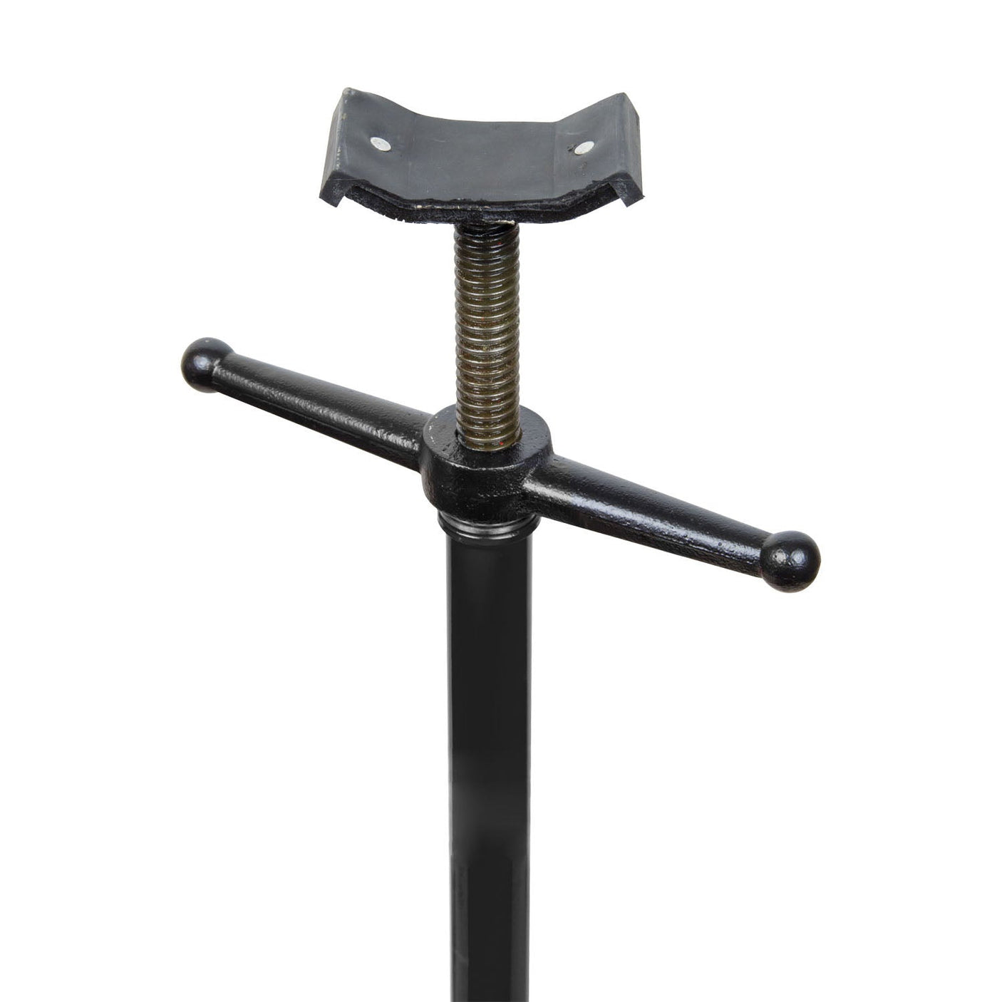 Close-up image of the SIP - Under Vehicle Support Stand - SIP-03629 by SIP, featuring a black screw jack with a metal handle, a flat U-shaped top for lifting or supporting objects, and a precise screw adjustment.