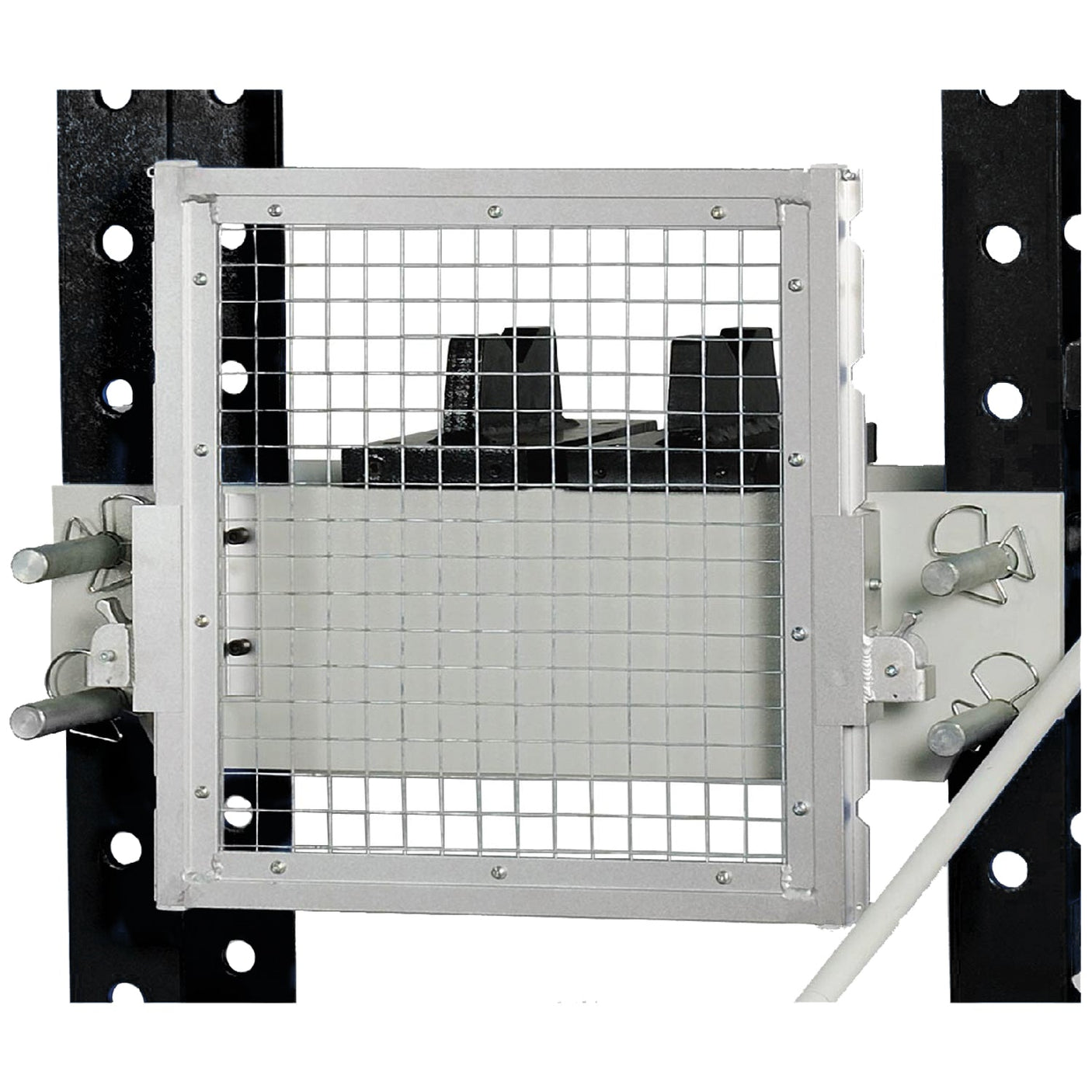 The SIP - 75 TON Shop Press Guard (SIP-03631), a product by SIP, is a metal cage with a wire mesh door mounted on a black perforated frame. It houses electrical or technical equipment and includes an integrated Press Guard to enhance safety standards.