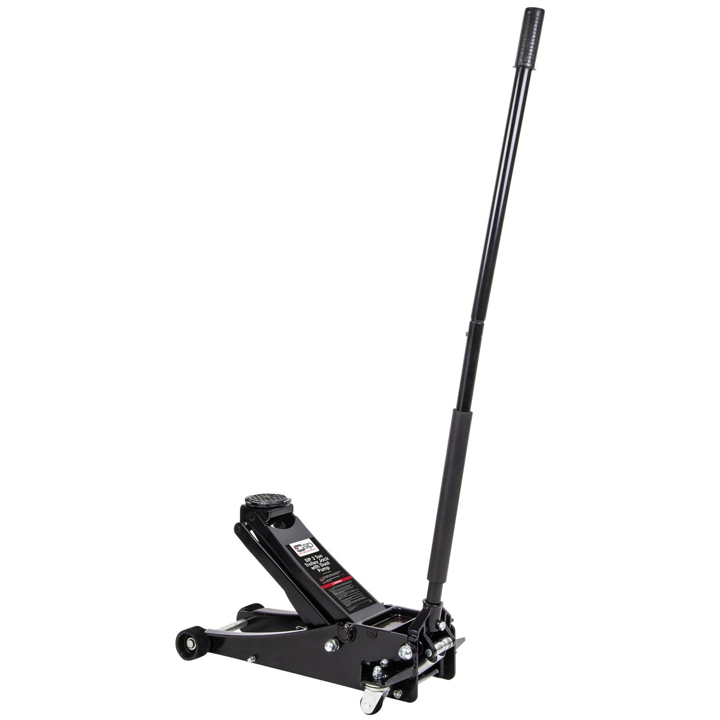 A SIP 3 TON Low-Profile Trolley Jack (model SIP-03633) with an extended handle and safety bypass system is shown against a plain white background.