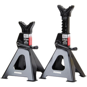 Two SIP - 3 TON Jack Stands (product code: SIP-03637) with black triangular bases and adjustable ratchet supports, designed for supporting vehicles during maintenance work.