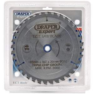 Circular saw blade in packaging, branded "Draper Expert," with specifications: 185mm diameter, 36 teeth, 20mm bore, triple chip ground Tungsten Carbide-Tipped for durability, and maximum RPM of 3000. Product Name: Draper Expert Tct Saw Blade, 185 x 20mm, 36T - CSB185MP/B. Brand Name: Draper.