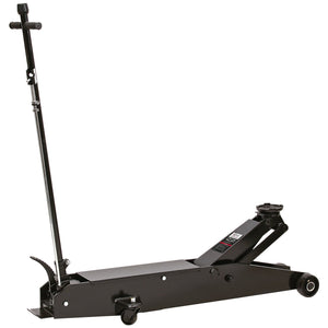 The SIP 5 TON Long Floor Jack, model SIP-03642 by SIP, is a black floor jack equipped with an extra-long handle and a Quick-Lift system, designed for effortlessly lifting vehicles.