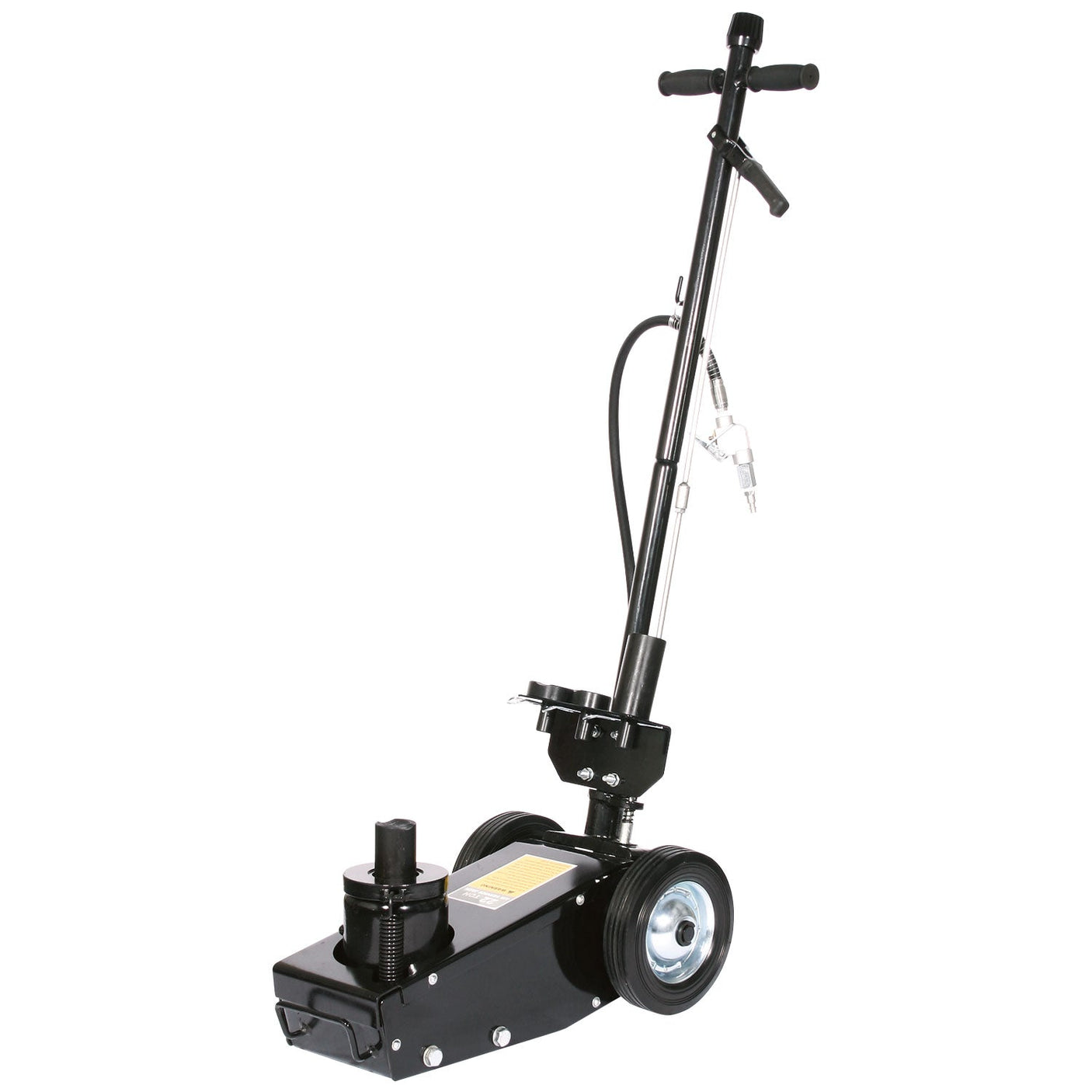 Image of an SIP - 22 TON Air Floor Jack - SIP-03643, a black, wheeled, pneumatic floor jack with a long handle and two grips, ideal for heavy-duty lifting thanks to its impressive 22 TON capacity by the brand SIP.