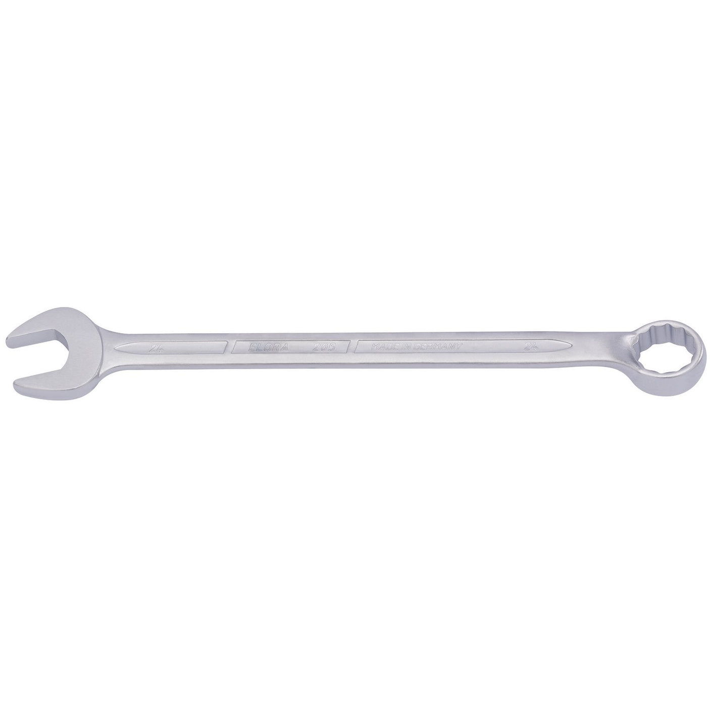 The Draper Elora Long Combination Spanner, 24mm - 205-24 by Draper is a robust metal wrench constructed from chrome vanadium steel. It features an open-end on one side and a box-end on the other, adhering to DIN 3113 standards. This durable tool is ideal for tightening or loosening nuts and bolts and includes corrosion protection for extended use.