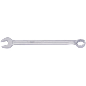 The Draper Elora Long Combination Spanner, 24mm - 205-24 by Draper is a robust metal wrench constructed from chrome vanadium steel. It features an open-end on one side and a box-end on the other, adhering to DIN 3113 standards. This durable tool is ideal for tightening or loosening nuts and bolts and includes corrosion protection for extended use.