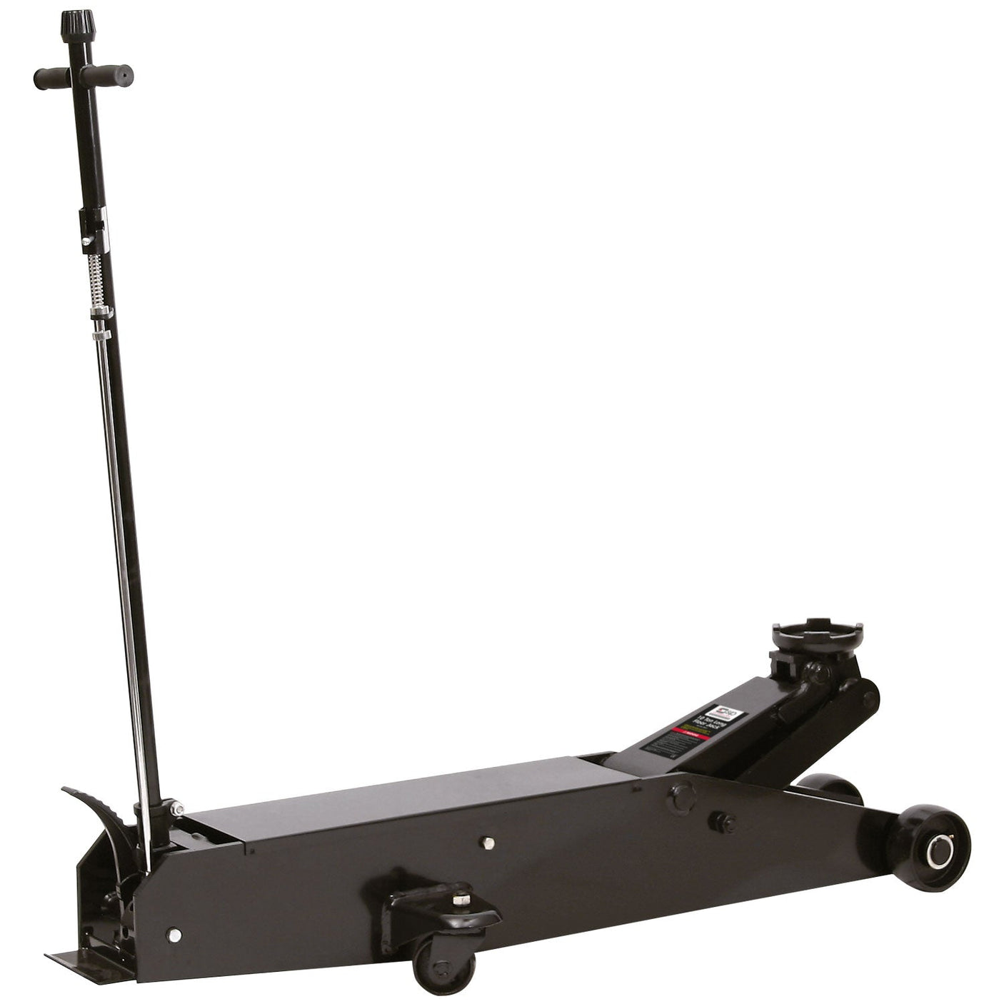 The SIP - 10 TON Long Floor Jack - SIP-03647, a black hydraulic floor jack with a Quick-Lift system and a long handle, is constructed from durable metal and equipped with wheels for easy mobility.