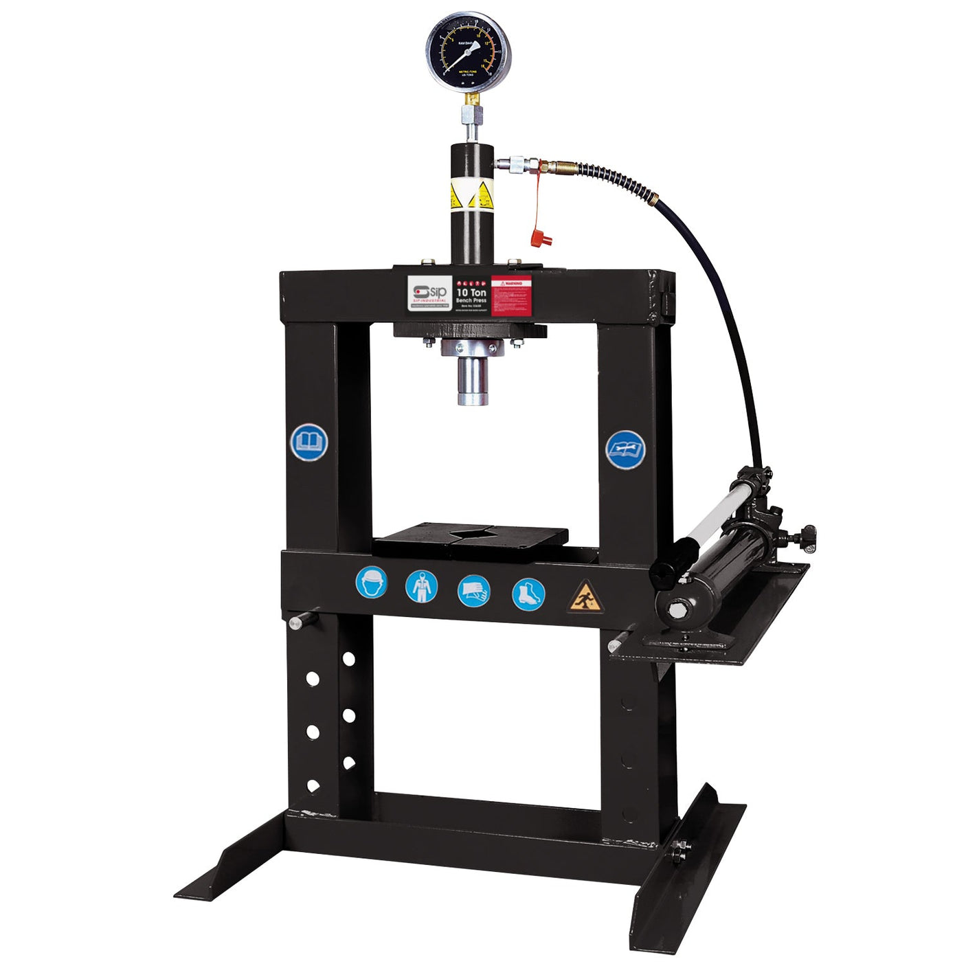 The SIP - 10 TON Shop Bench Press (SIP-03650) by SIP, featuring a black, heavy-duty steel frame, comes with a pressure gauge on top, front operation buttons, and a metal work platform. This bench-mounted manually-operated press is also equipped with a hydraulic hose connected to the unit.