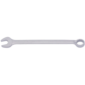 The Draper Elora Long Combination Spanner, 25mm - 205-25 by Draper, is a double-ended metal wrench made from durable chrome vanadium steel, featuring an open-end wrench on one side and a Bi-hexagon ring-end wrench on the other, conforming to DIN 3113 standards.