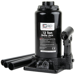 The SIP - 12 TON Bottle Jack (SIP-03658) from SIP, with its black cast iron construction and three detachable handle pieces, is designed for lifting heavy objects with adjustable lifting capabilities.