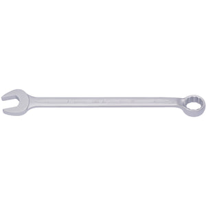 The Draper Elora Long Combination Spanner, 27mm - 205-27, features a chrome vanadium steel construction with an open-end on one side and a Bi-hexagon ring on the other, displayed against a white background.